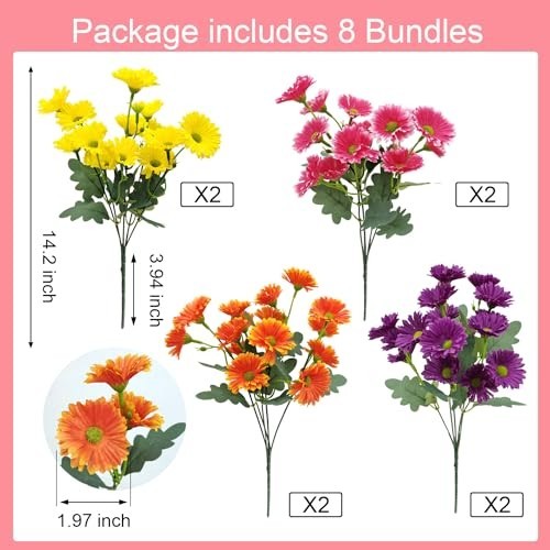 8 Bundles Artificial Silk Daisy Flowers – UV Protected Outdoor Indoor Bouquet fo