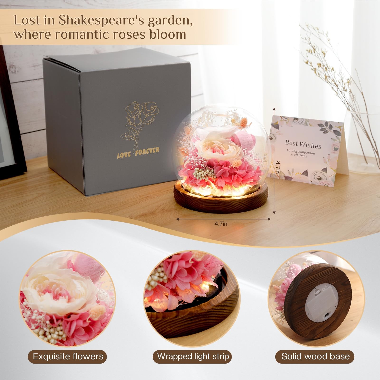 Eyesofspring Preserved Flowers,Rose in Glass Dome with LED Light, Gifts for Her,