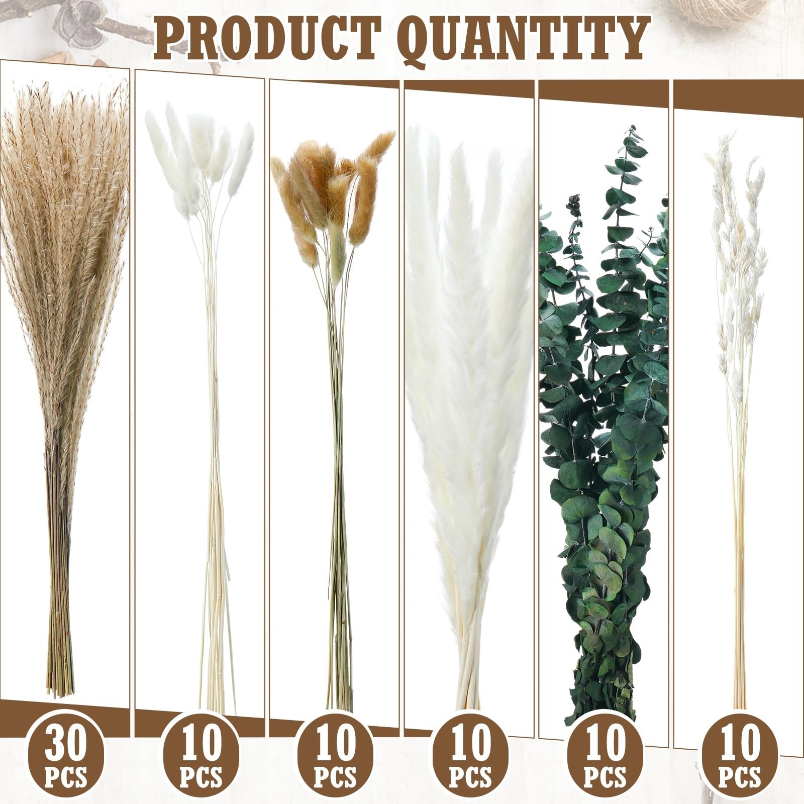 10 Set Dried Pampas Grass Centerpiece, 10 Glass Jars & Roses for Rustic Decor