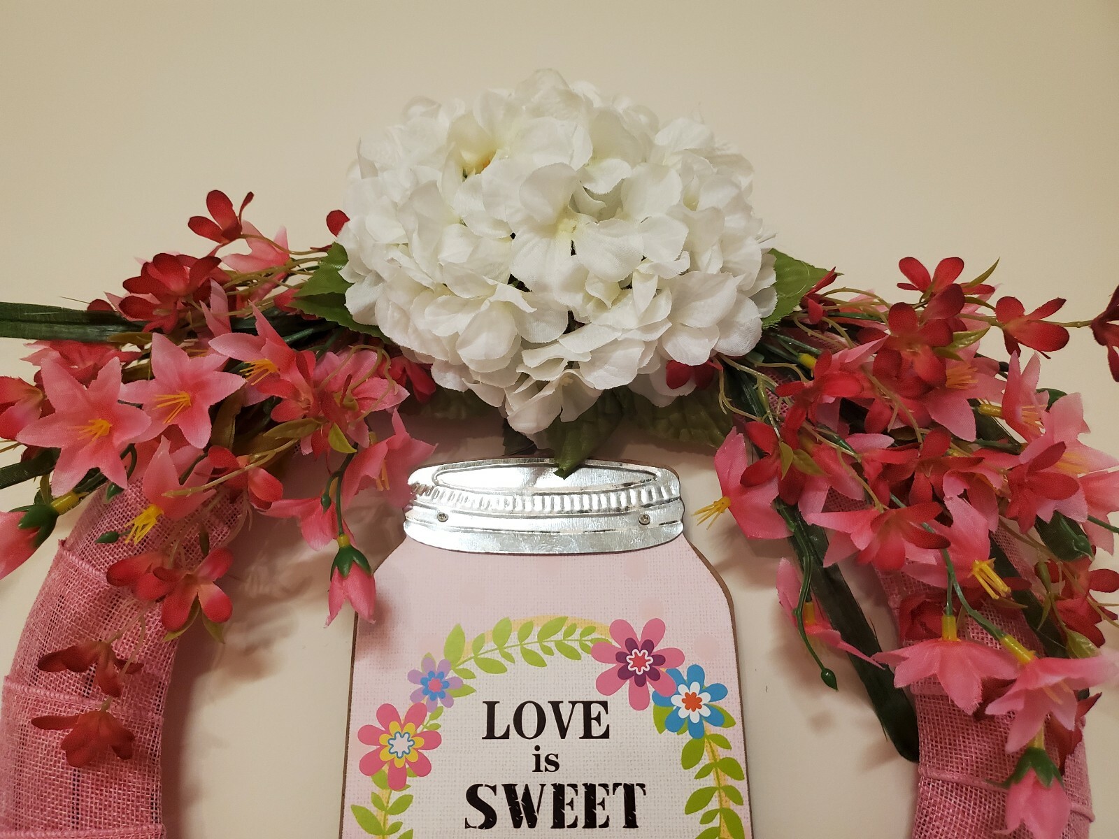 Wreath “LOVE is SWEET in a garden” Pink burlap mesh Pink flowers Decor Door 16″