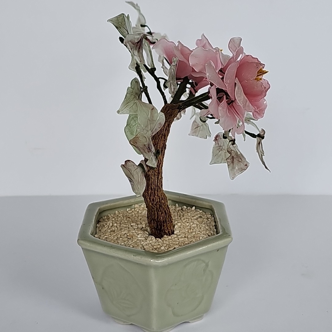 Vintage Chinese Glass Bonsai Tree Pink Cherry Blossom Celadon Pot Chinoiserie