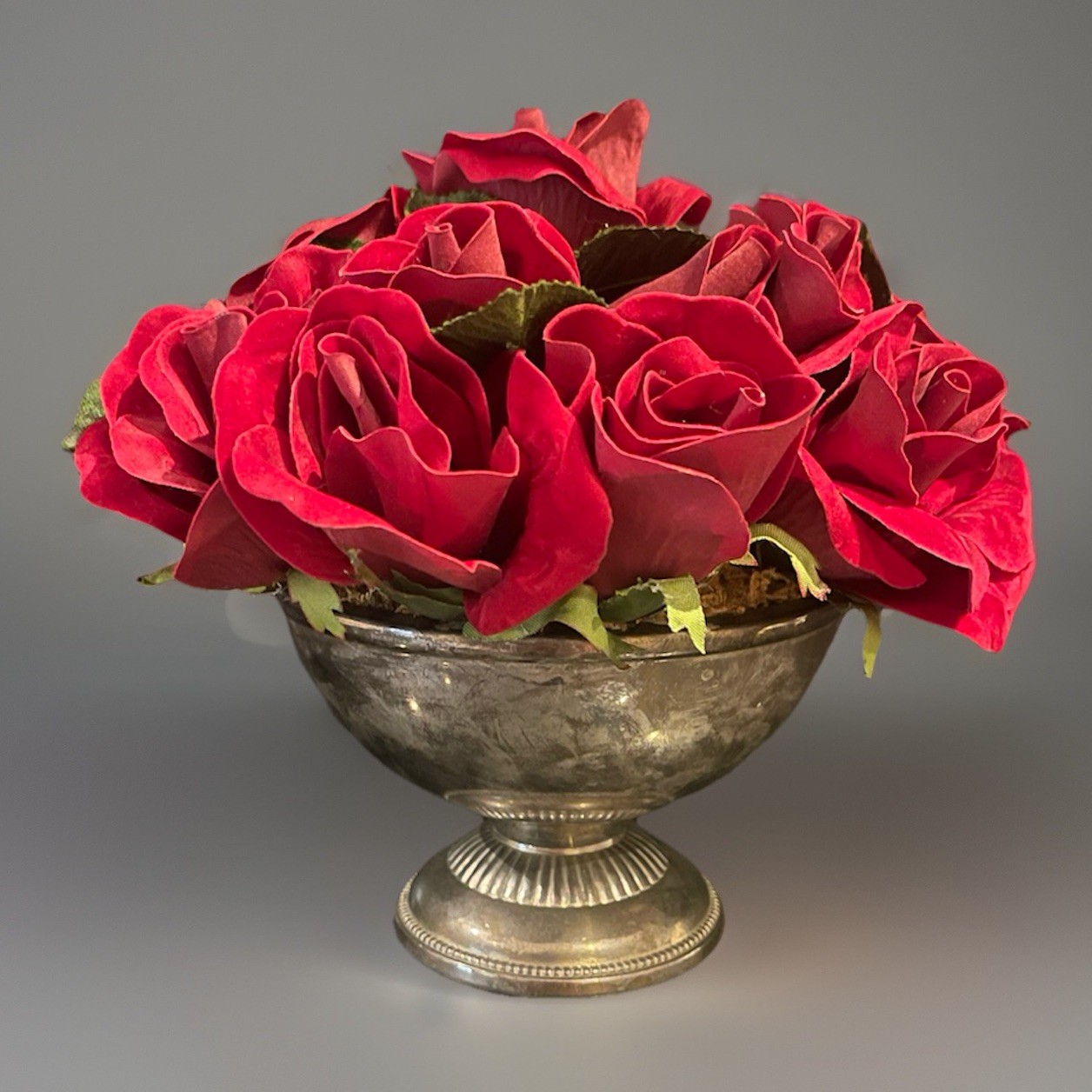 Faux Red Rose Small Arrangement In Aged Silver Pedestal Urn