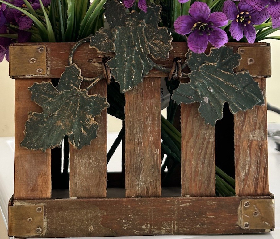Beautiful Purple & White Floral Arrangement In A Crate With Handle Metal Leaves