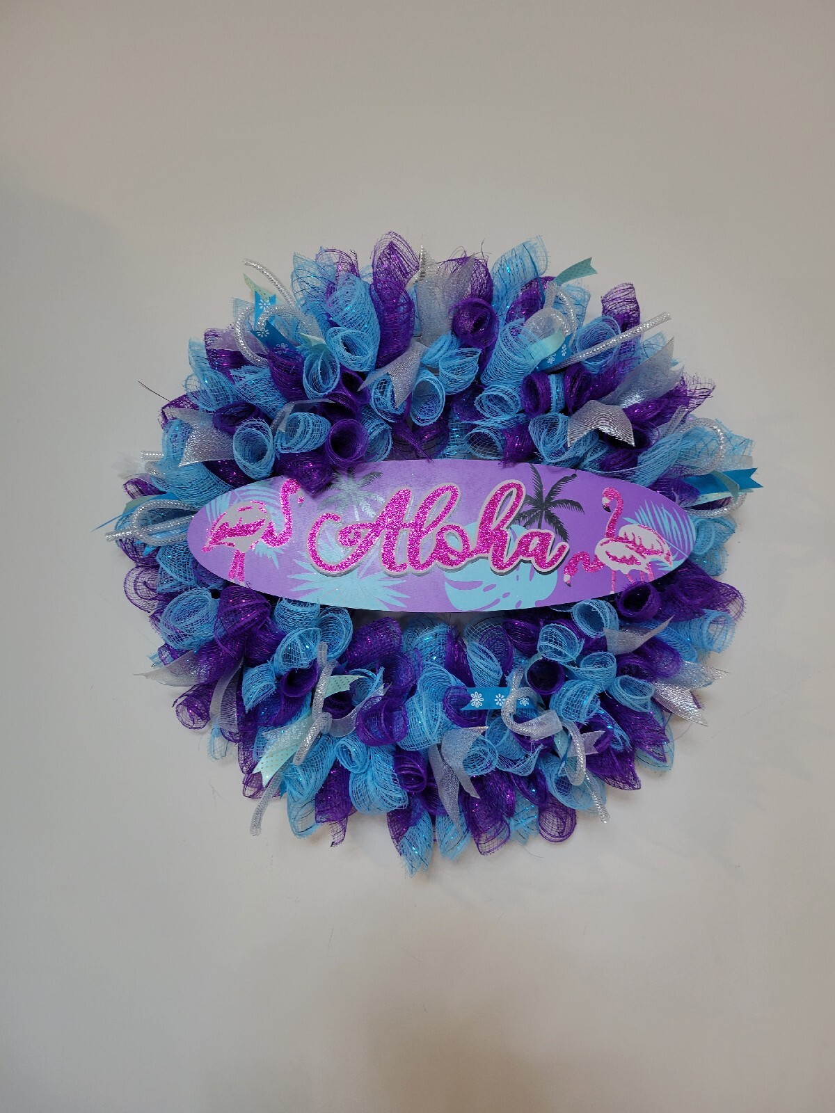 ALOHA Summer Spring Mesh Front Door Wreath Wall Decor BRIGHT Purple Pink Blue