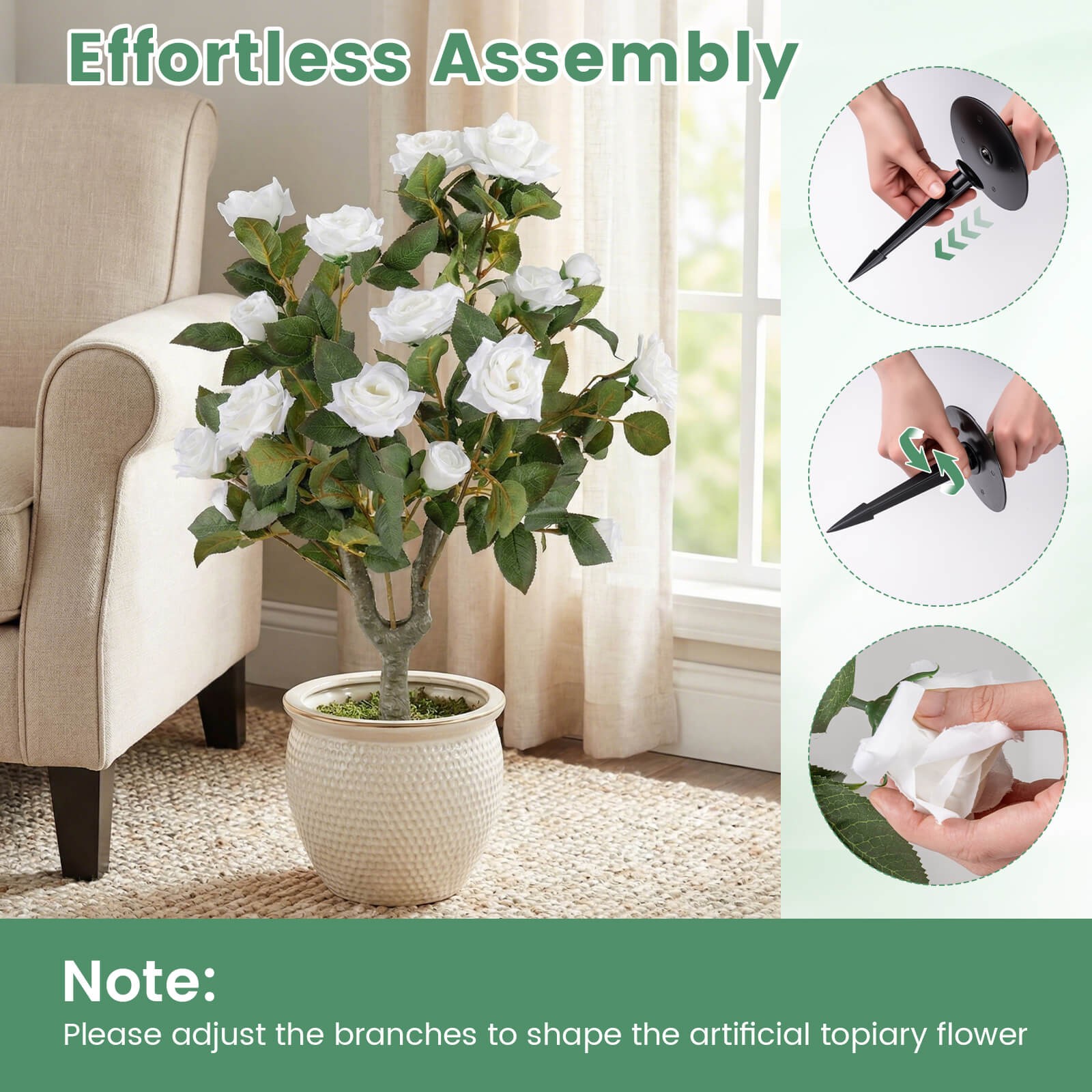 2 Pack Artificial Rose Flower Trees,31.5″ w/Spikes,186 Leaves & 18 White Flowers