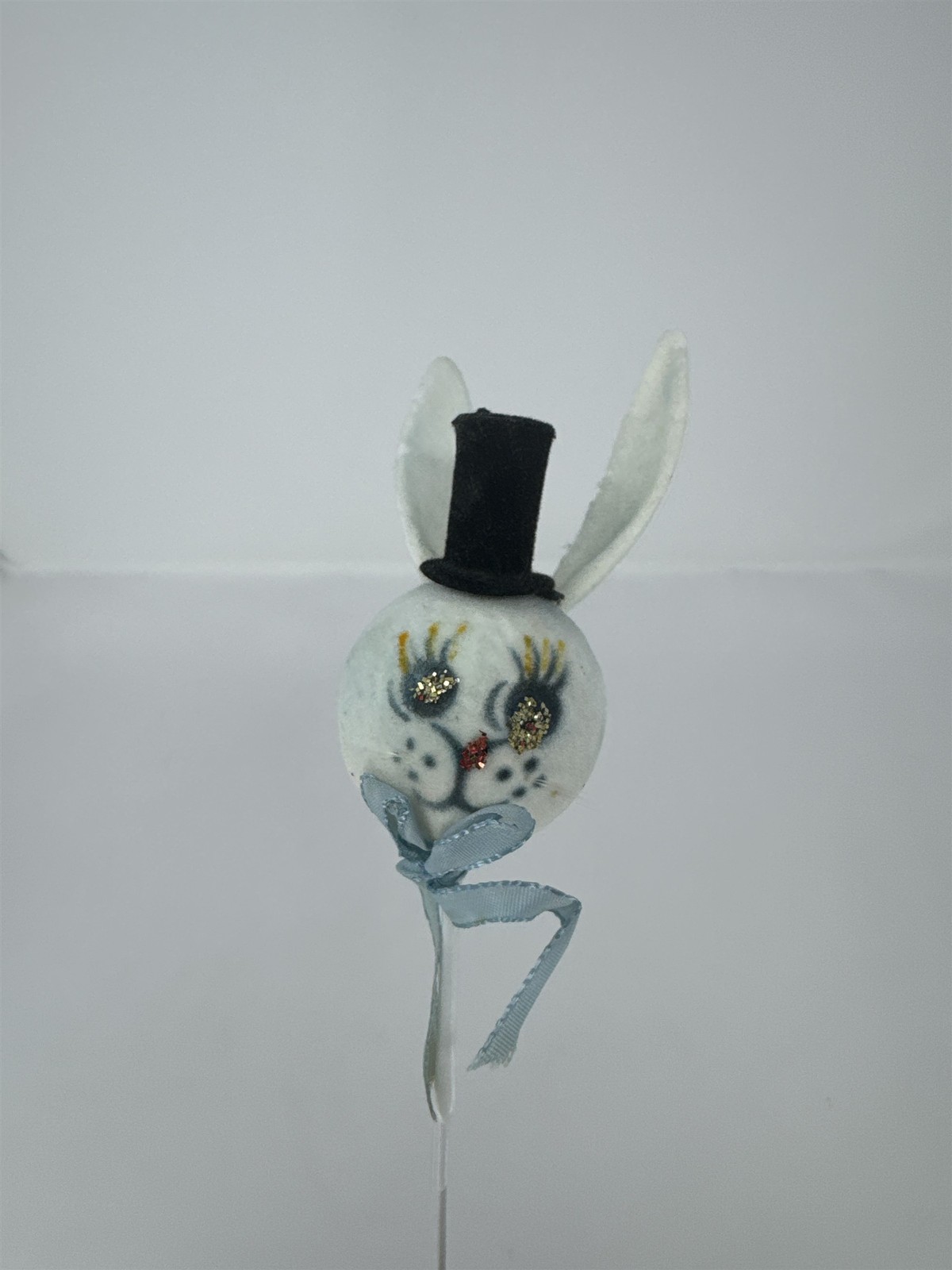 Vtg Easter Flocked Bunny Head Floral Pick Top Hat Blue Ribbon Felt Rabbit 11″
