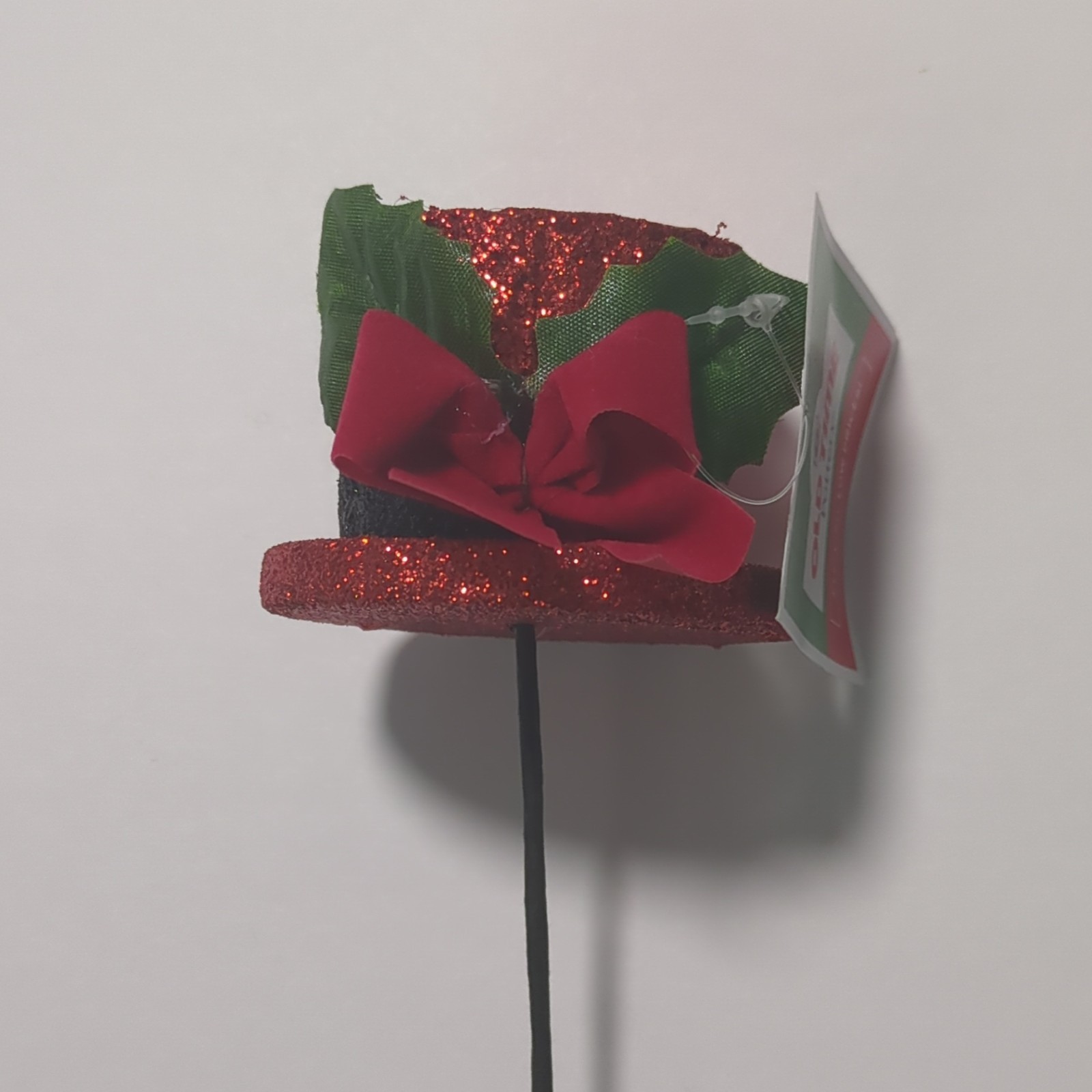Red Glitter Top Hat Flower Stem with Holly Leaves Bow Christmas Door Decoration