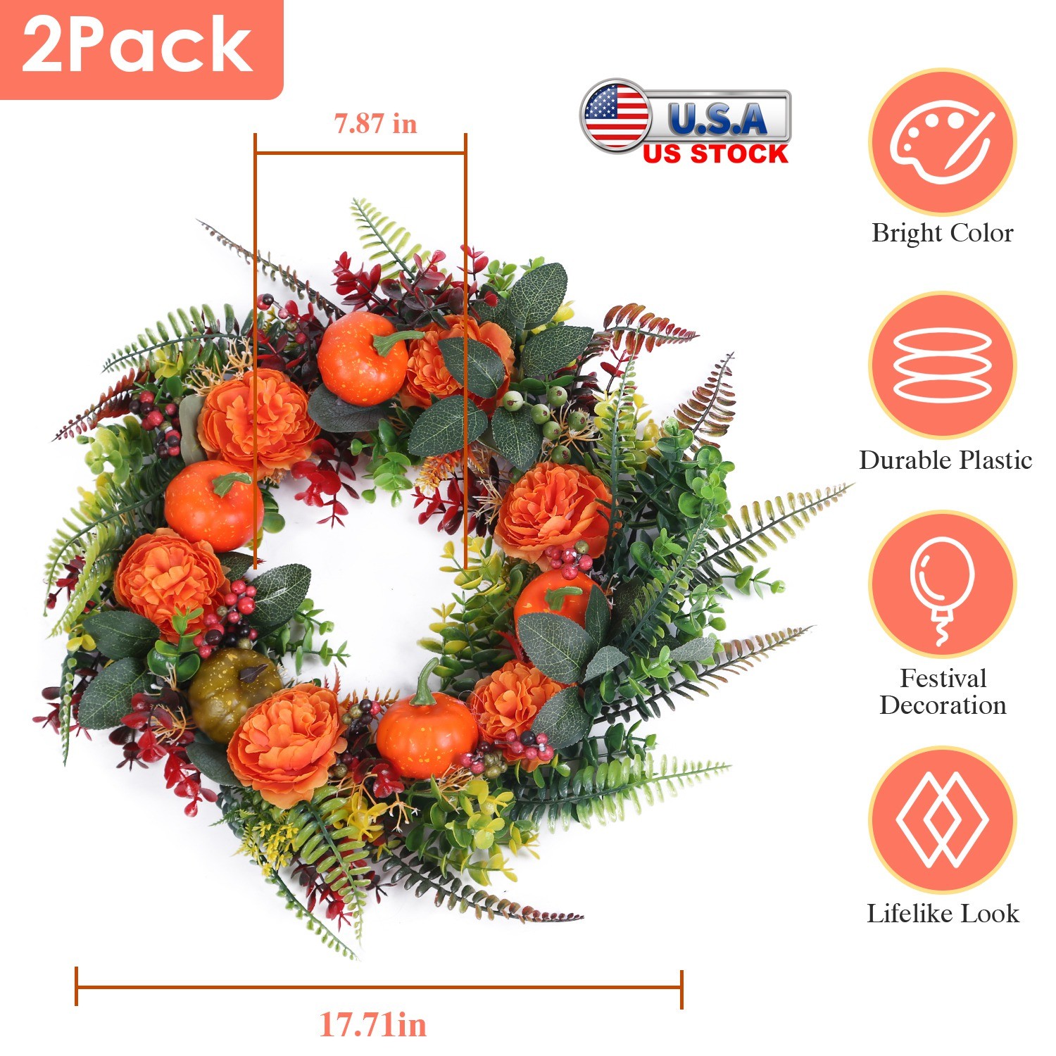 2Pack Pumpkin Wreath Artificial Berries Flowers Autumn Doors Wreath Thanksgiving