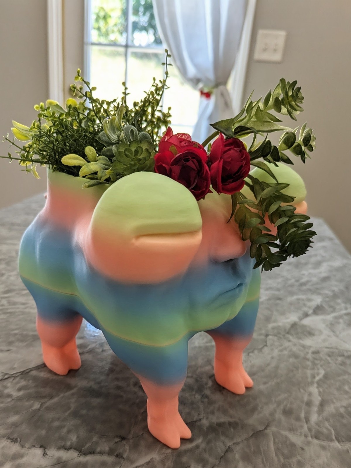 Whimsical Rainbow Dog Planter with Human Face