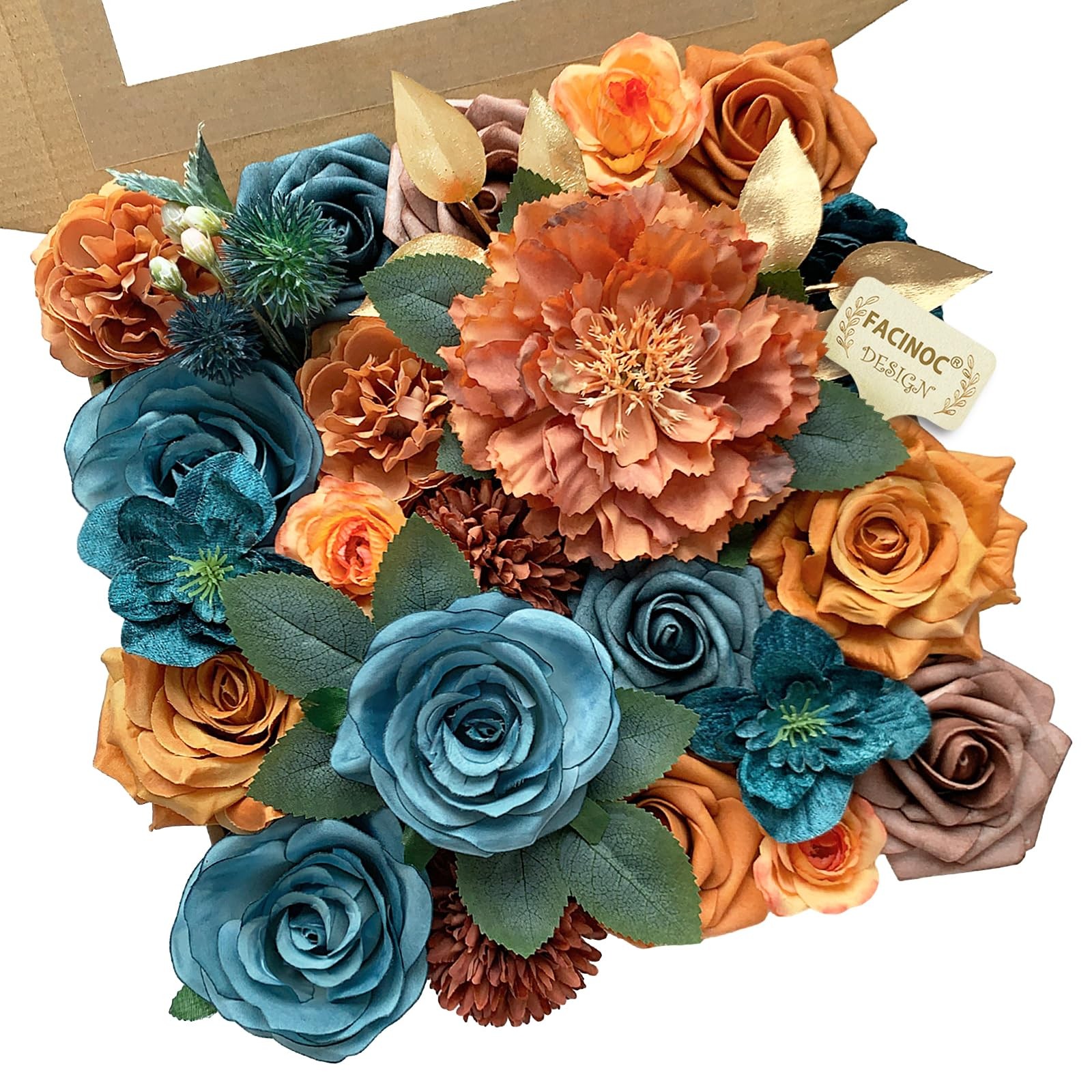 Artificial Roses Bouquet Box Set Fake Flower Wedding Decor Silk Teal Orange