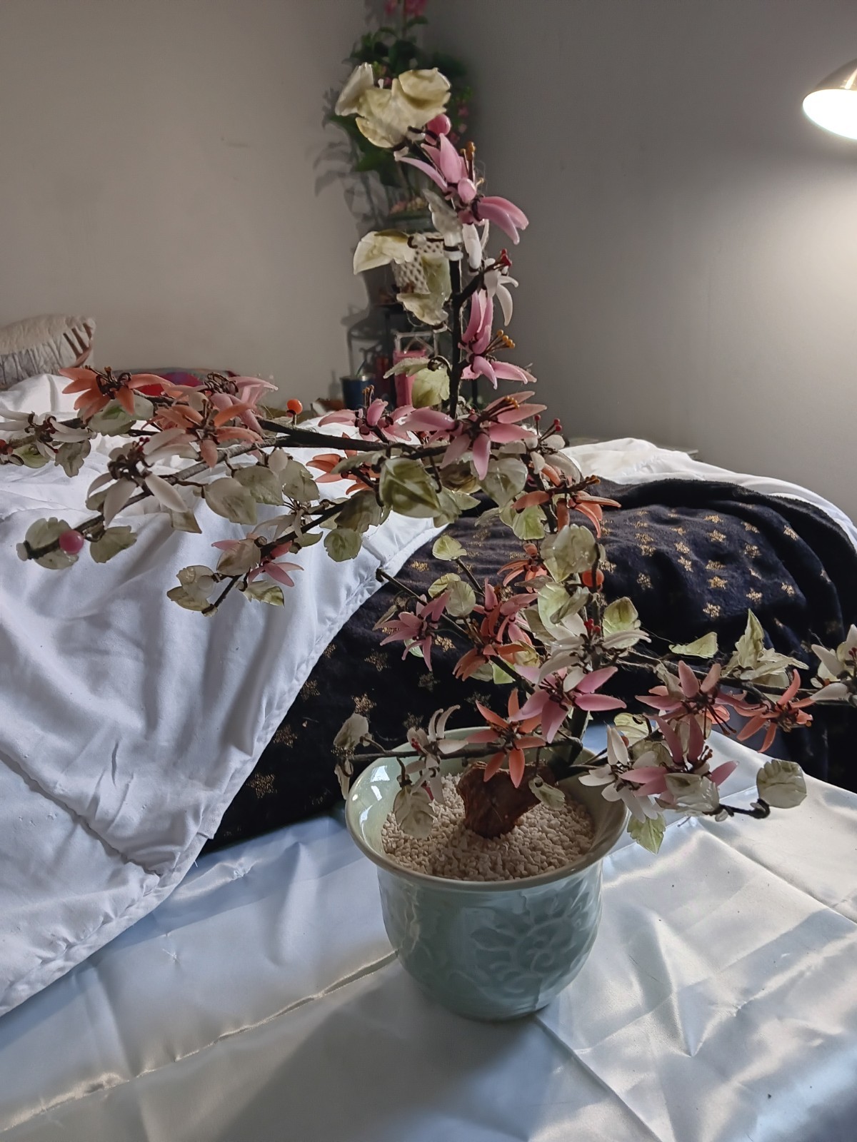 VTG Faux Gemstone Bonsai Tree with Pink/White Fruit In Celidon Ceramic Pot