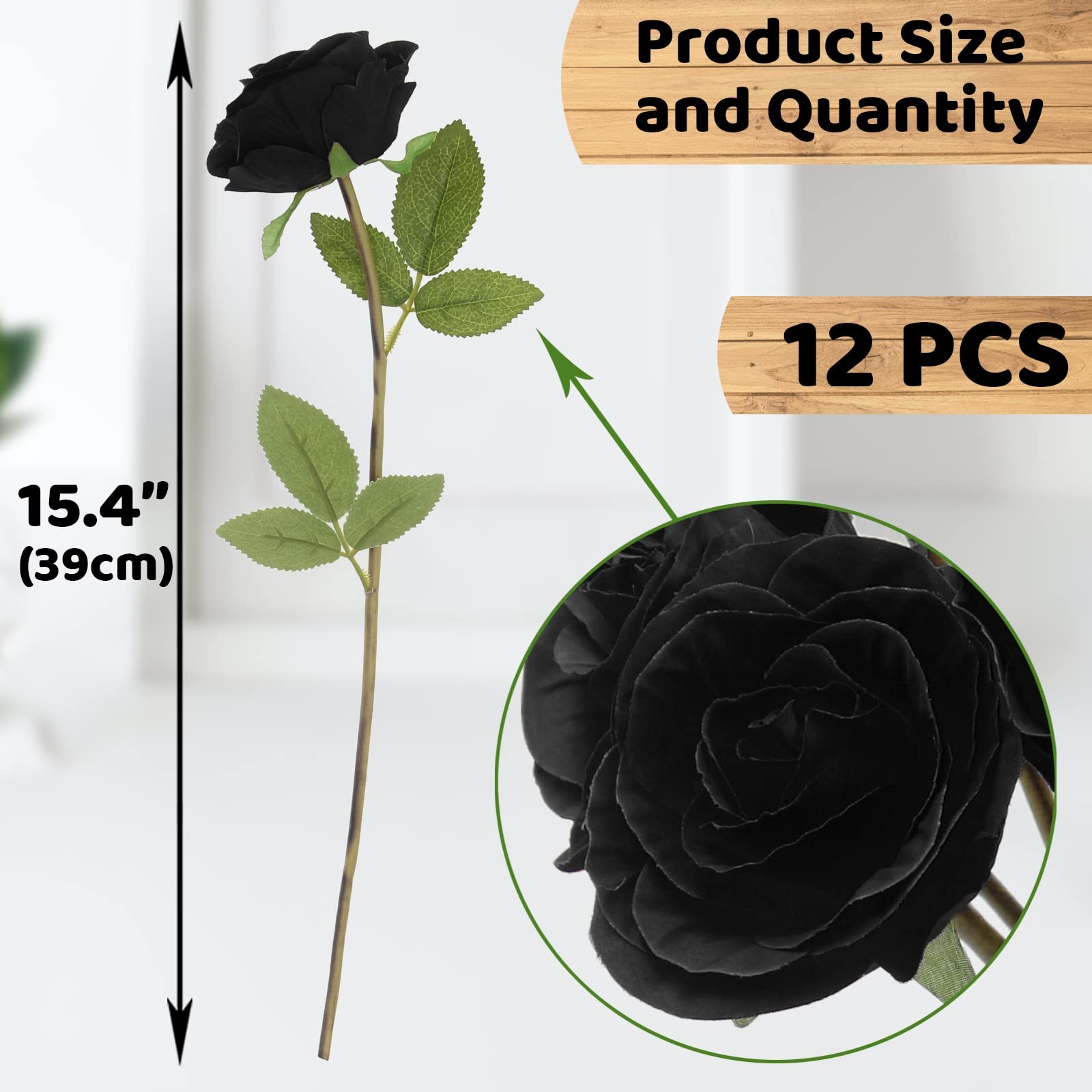 12 PCS Black Artificial Silk Roses Bouquet Halloween Gothic Fake Flower Decor