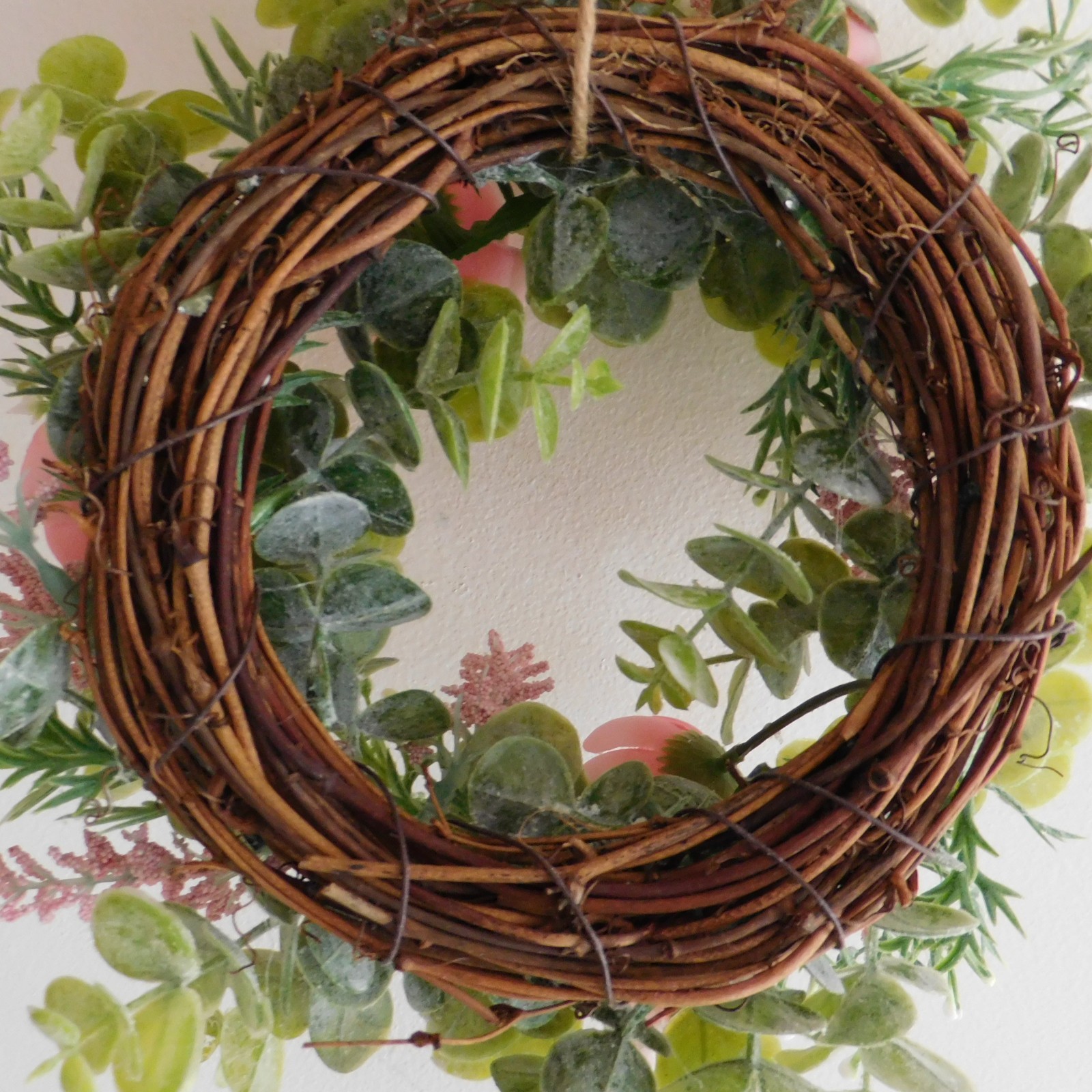 Dusty Miller Mini Wreath, Eucalyptus, Pink Flowers, Candle Ring