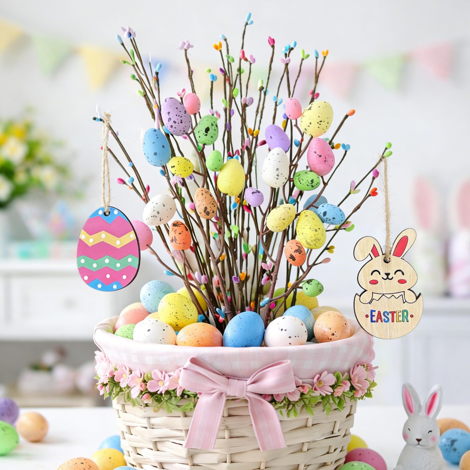 Artificial Easter Spray Vine with Pastel Easter Eggs and Berries, Wooden Eggs…