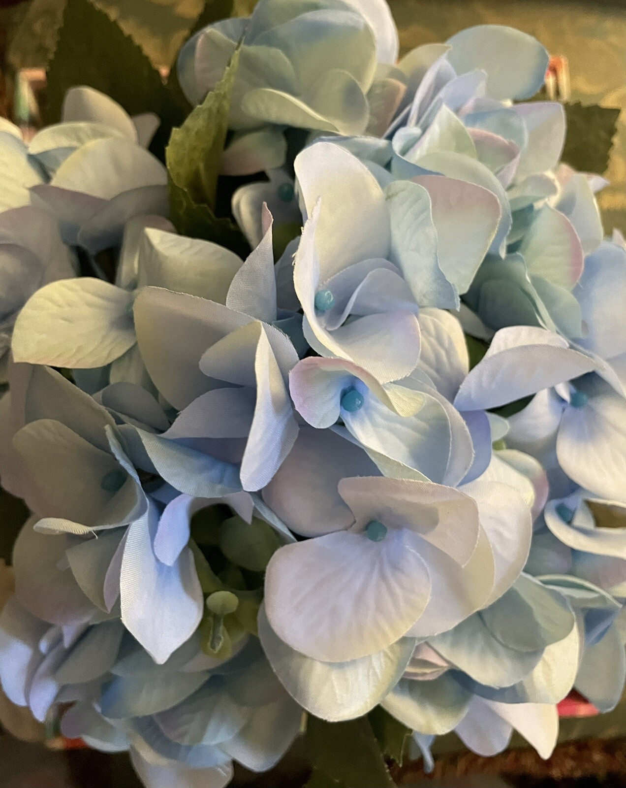 NWOT 10” Faux Blue Hydrangea Arrangement in Silver Mercury Glass Vase Lovely!
