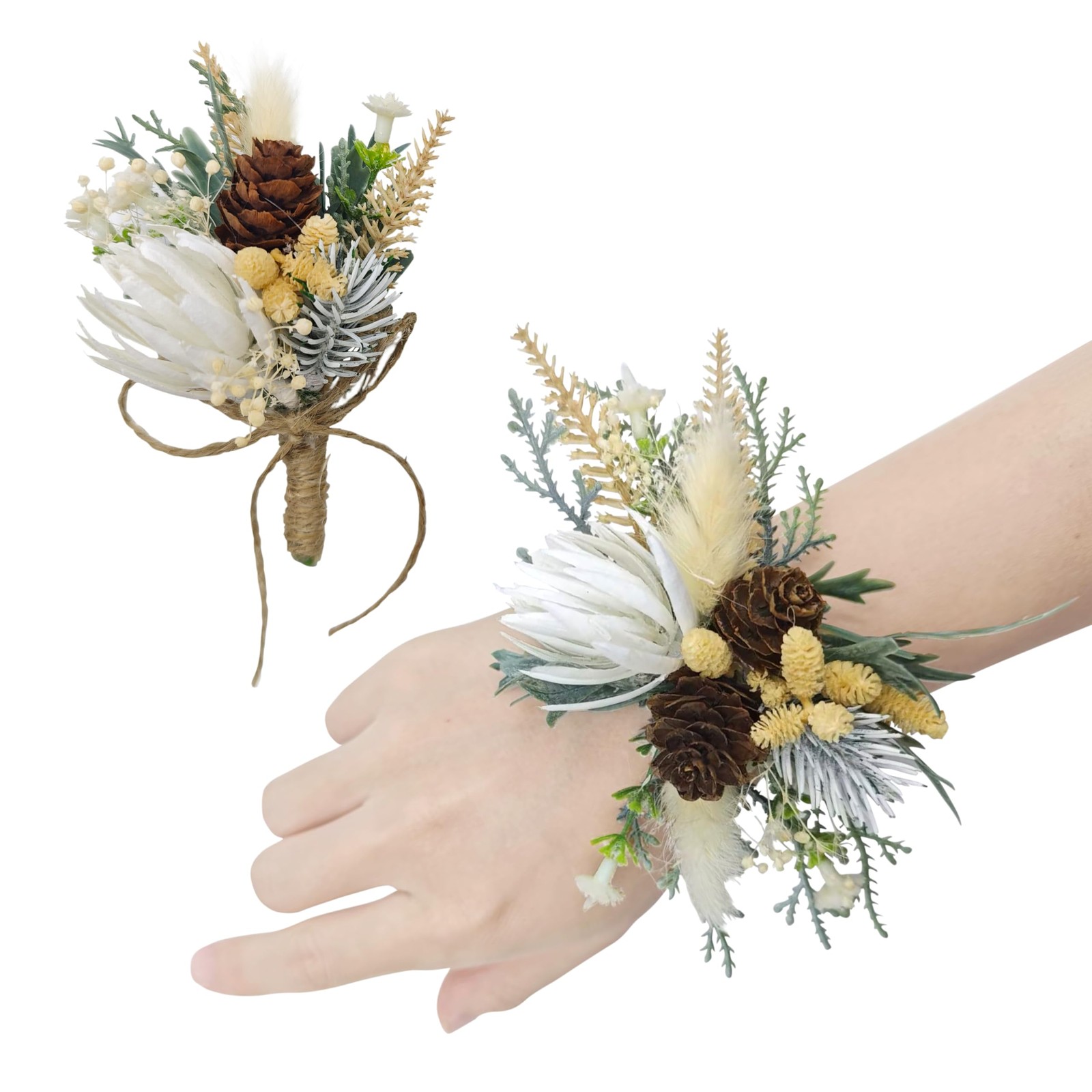 2 PCS Dried Rustic Artificial Wrist Corsage Boutonniere Set Bride Groom Prom