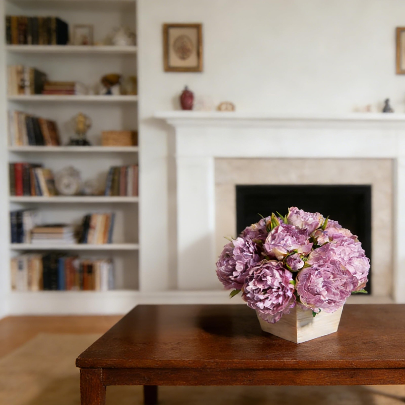 12 PCS Pink Peonies Artificial Flowers Wood Pot Silk Home Decor Centerpiece