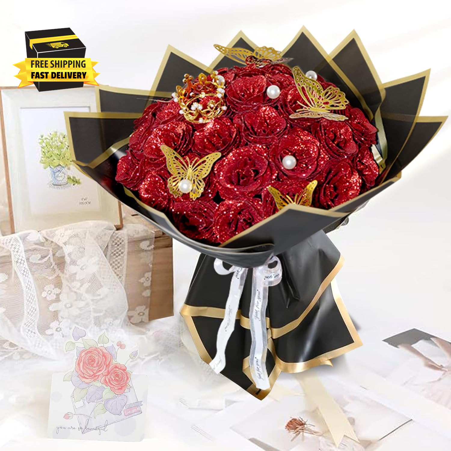 Red Glitter Roses Bouquet, 24 Pcs Shiny Glitter Flowers Bouquet, Everlasting Art