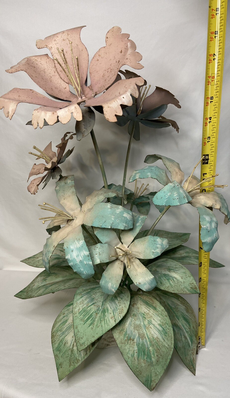 Vintage Metal Flower Arrangement 19” Tall Pink, Blue, Green **READ