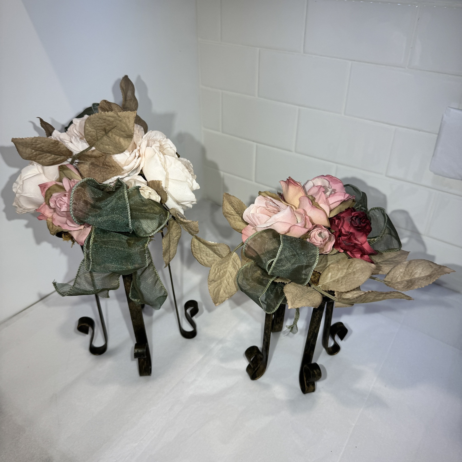 Artificial Pink/Dusty Rose/moss Flower FAUX Bouquet w Iron Legs Green Ribbon