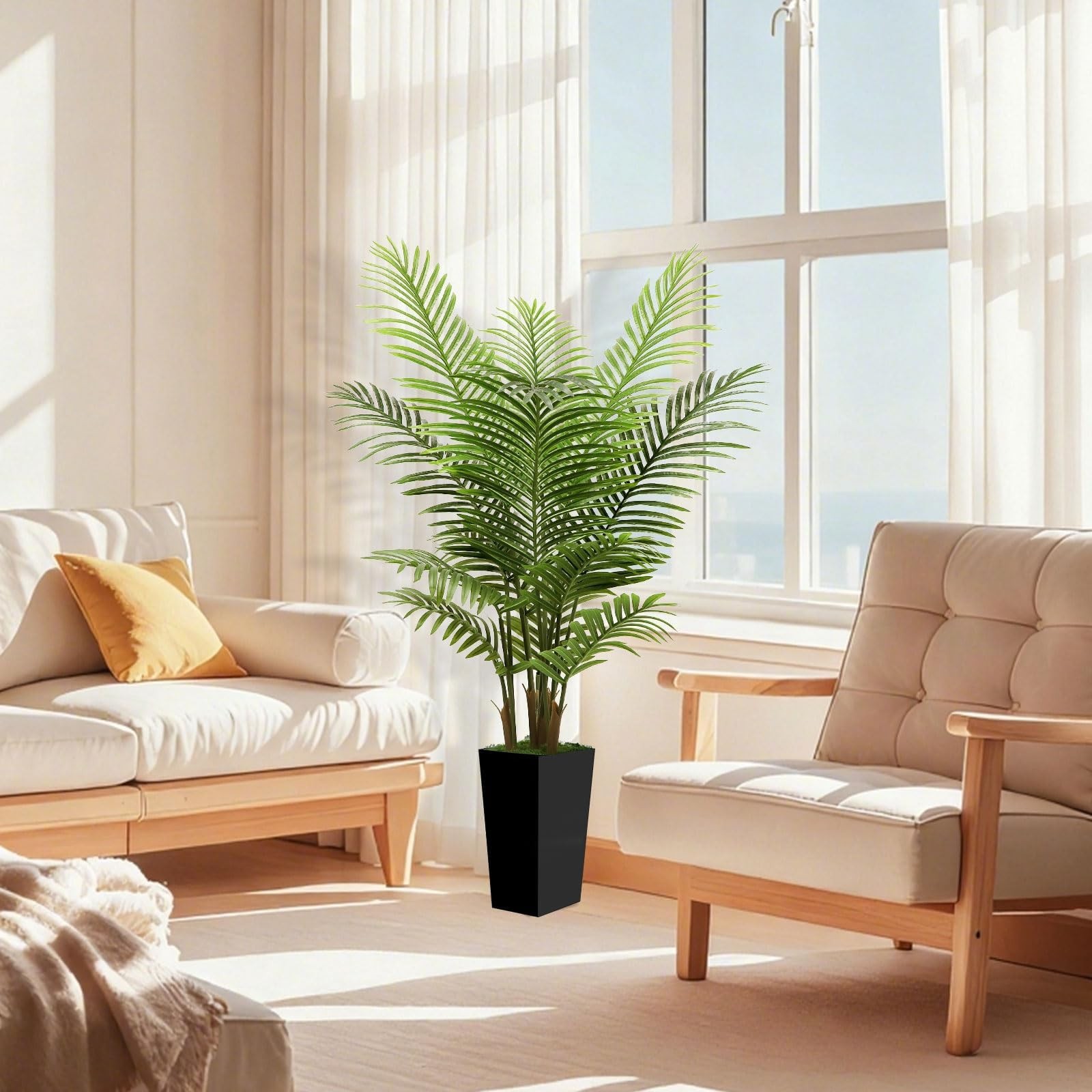 5FT Tall Fake Palm Tree with Black Planter – Artificial Plants Indoor Large F…