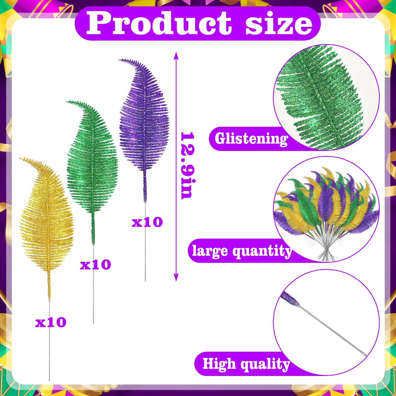 Mardi Gras Feathers Leaves Decorations Green Gold Purple Glitter Picks Bulk f…