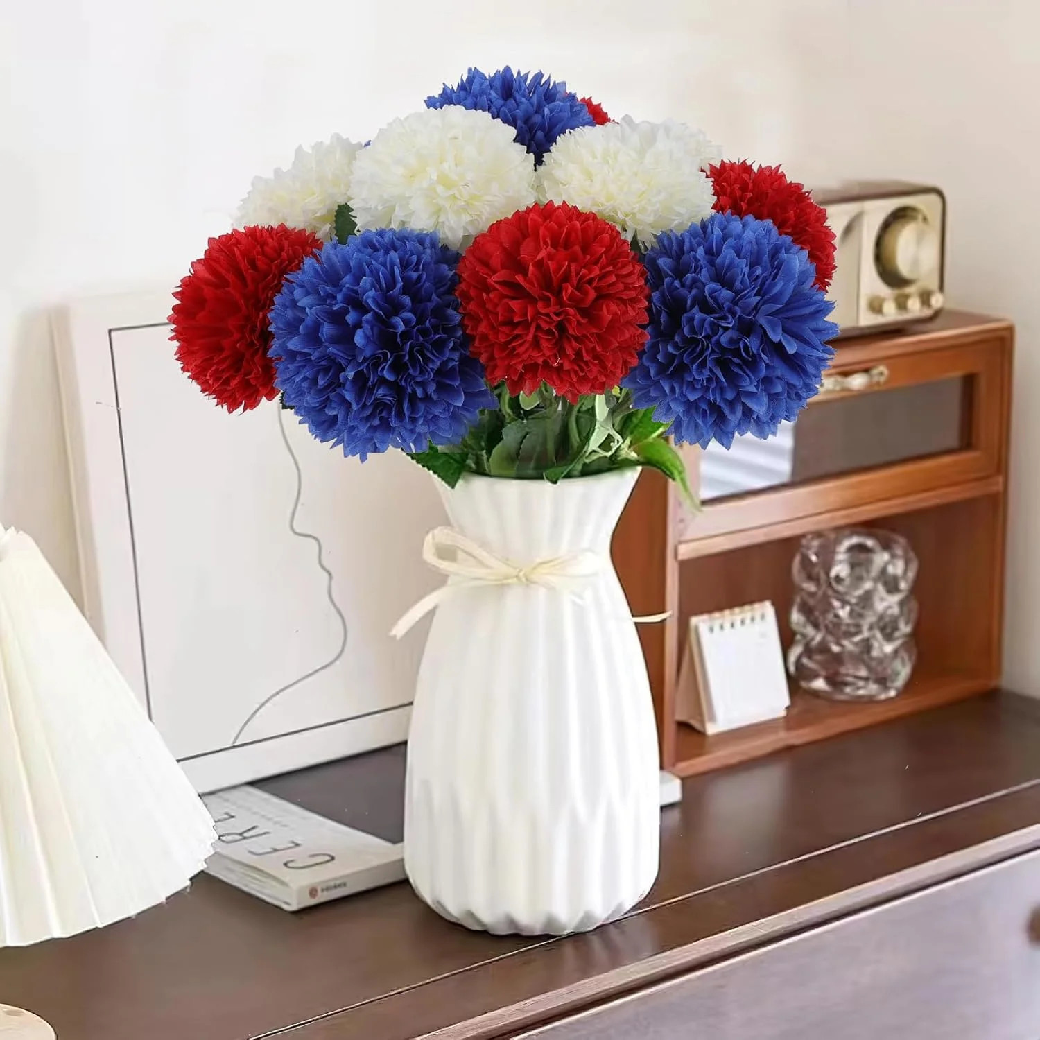Hananona 12 Pcs Artificial Chrysanthemums Flowers Patriotic Flower, 4th of July