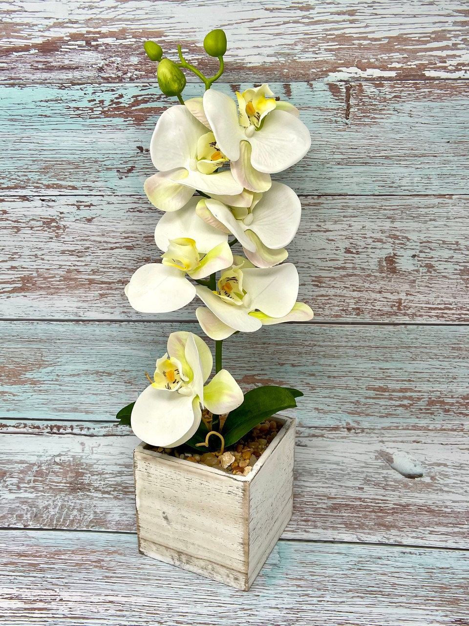 16″ Potted White PHALAENOPSIS ORCHID faux Silk flower plant in White wood box