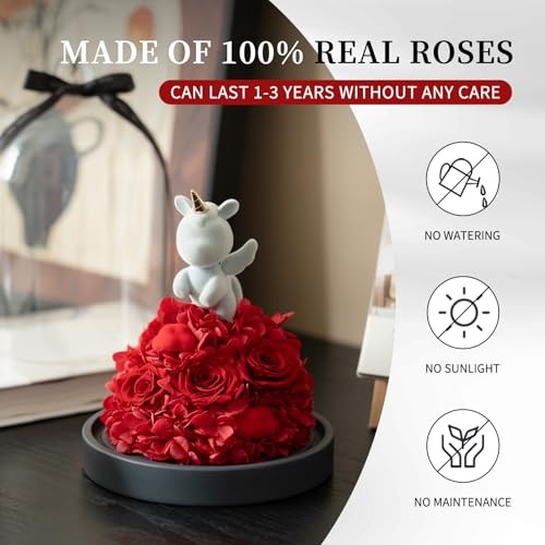 Preserved Rose with Unicorn in Glass Dome, Eternal Real Rose Red Lucky Unicorn