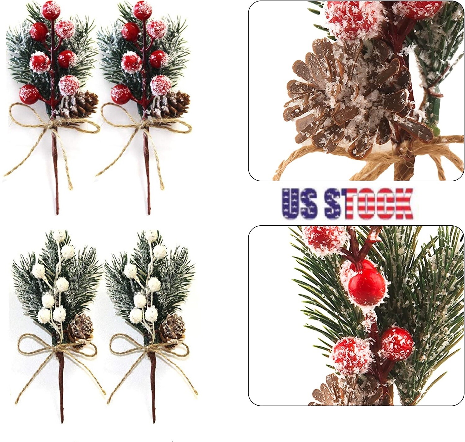 10×Pieces Artificial Pine Picks Christmas Tree Picks with White Berries Pinecone