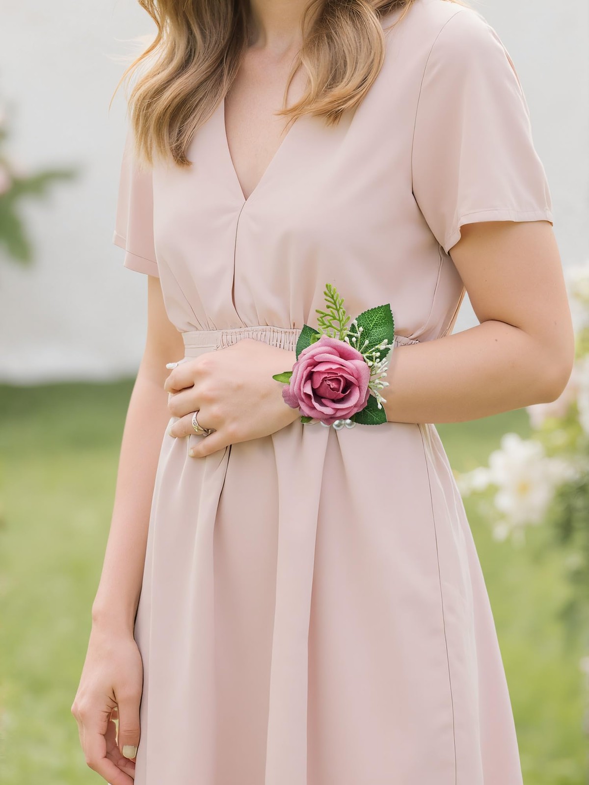 Pink Rose Corsage Boutonniere Set Wristlet Bride Bridesmaids Prom Wedding