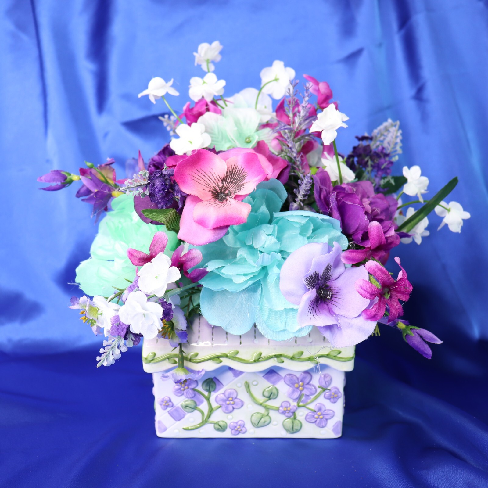 Cute Ceramic Birdhouse Flower Arrangement Purple Fuchsia Green White Blue