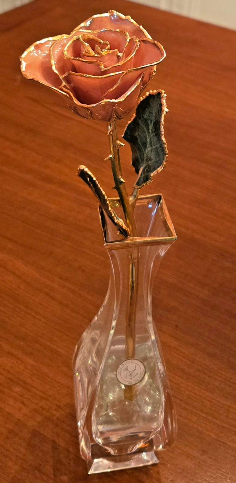 24K Gold Dipped Lacquered Pink Rose with Italian Lead Crystal Bud Vase EXCELLENT