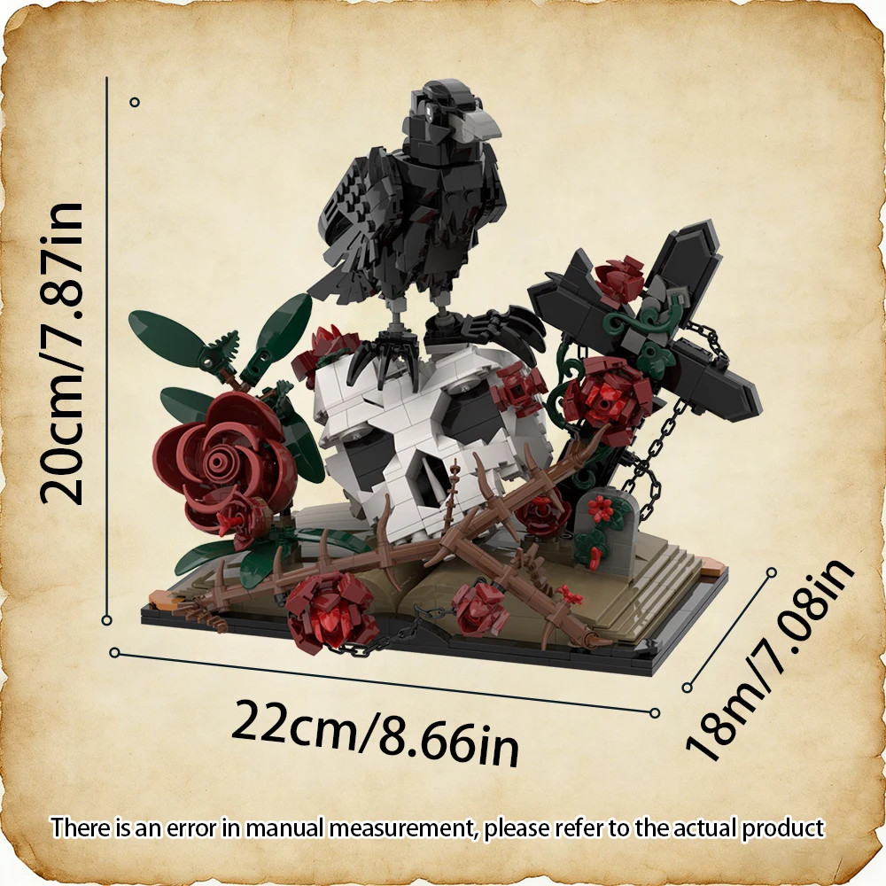 Raven Skull Roses Flower Building Blocks Set , Skull Planter Botanical Collectio