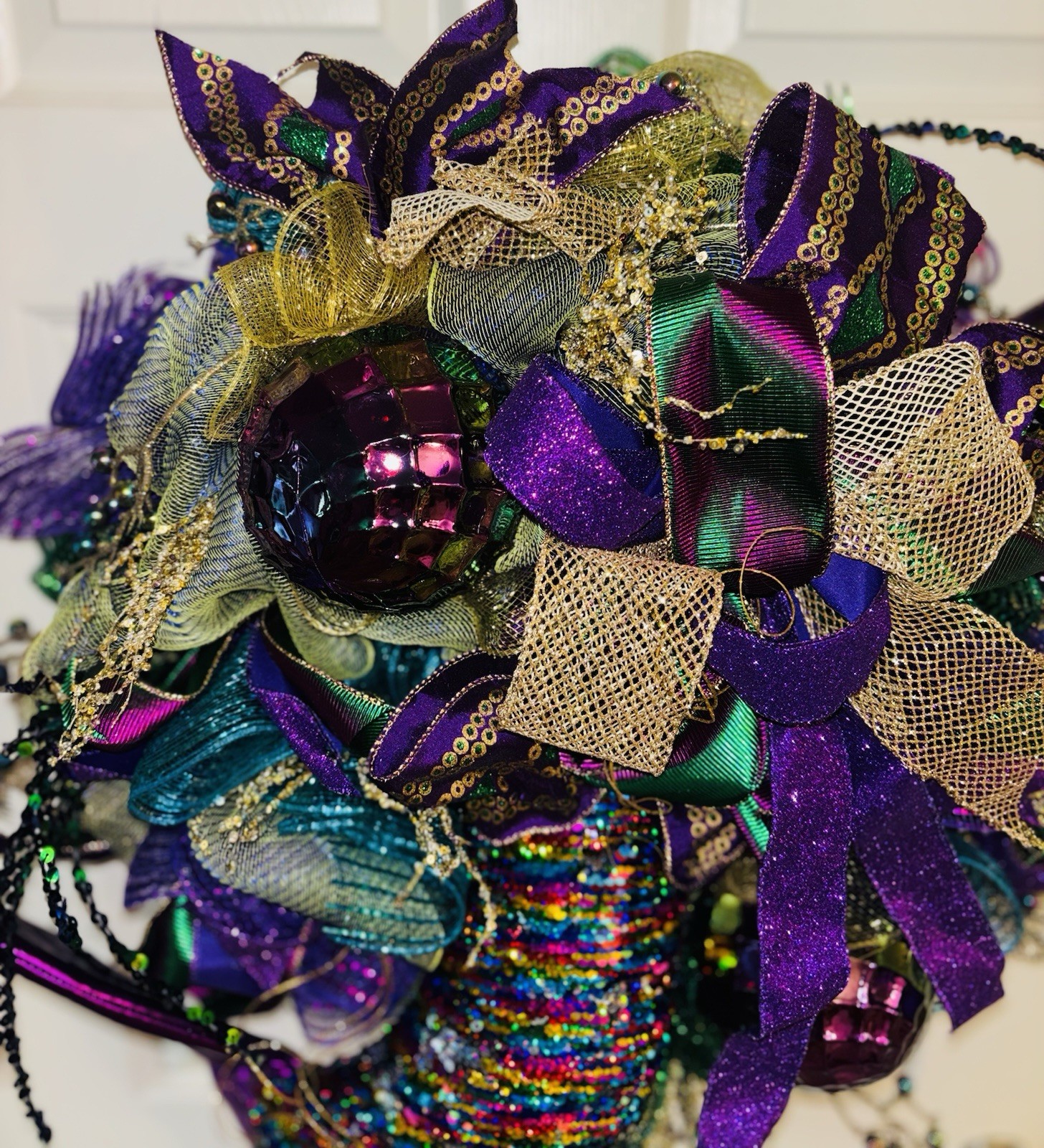 Mardi Gras Wreath Extra Large With Mermaid Tail and Fleur De Lis Handmade Deco