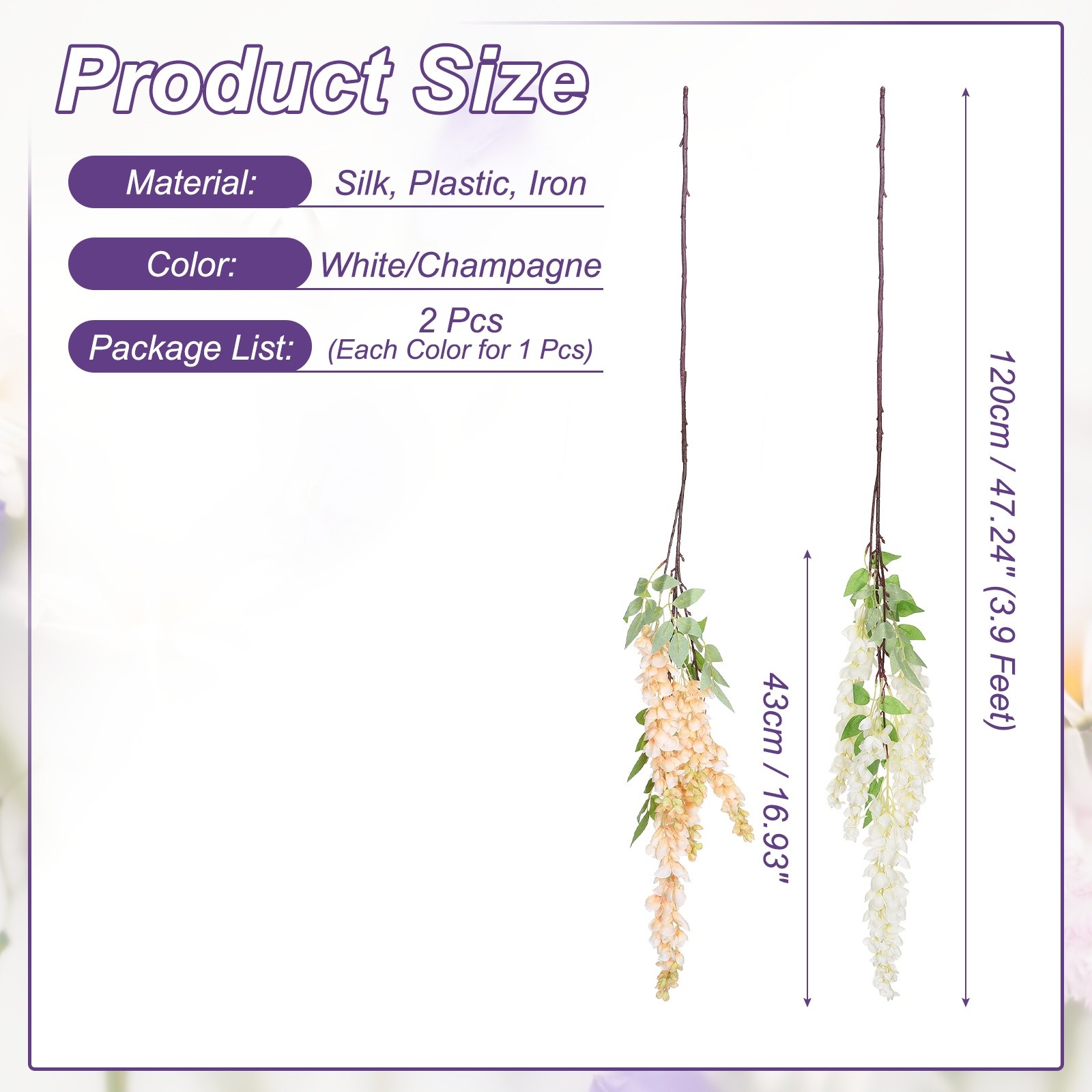 2 Pcs Artificial Wisteria Hanging Flower 3.9 ft Fake Hang Floral White/Champagne