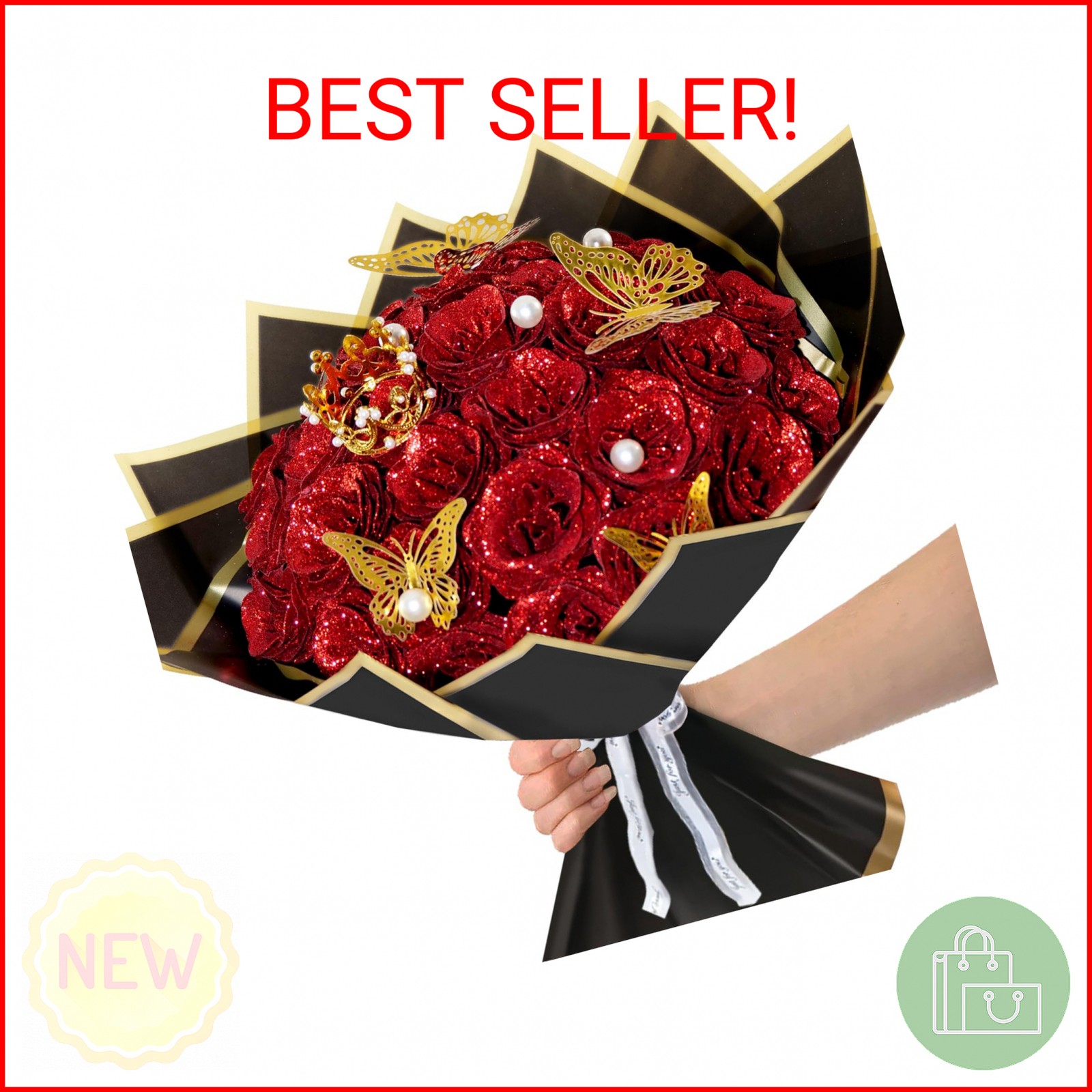 Red Glitter Roses Bouquet, 24 Pcs Shiny Glitter Flowers Bouquet, Everlasting Art