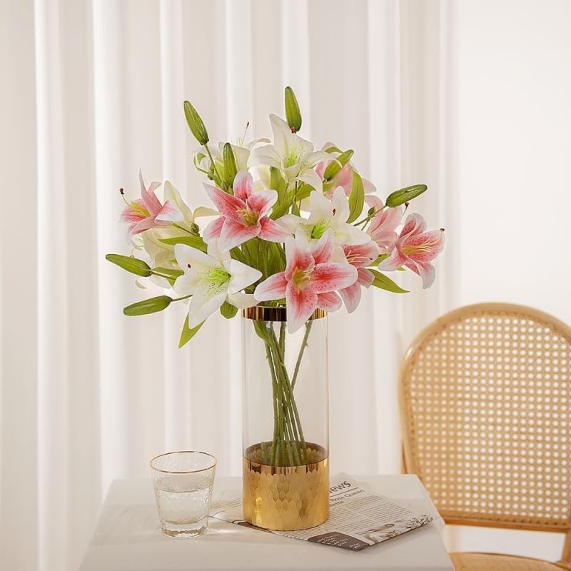 5 Pcs Artificial Lily Flowers 22.6″ Faux Silk Lily Flowers Real Touch Fake Li…