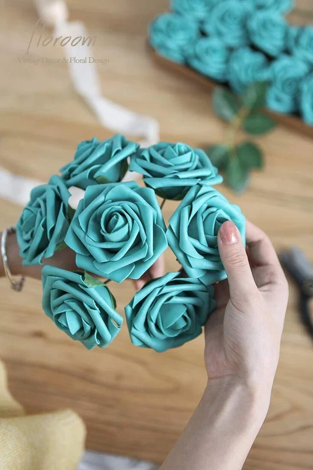 Artificial Flowers 25pcs Real Looking Teal Green Foam Fake Roses with Stems f…