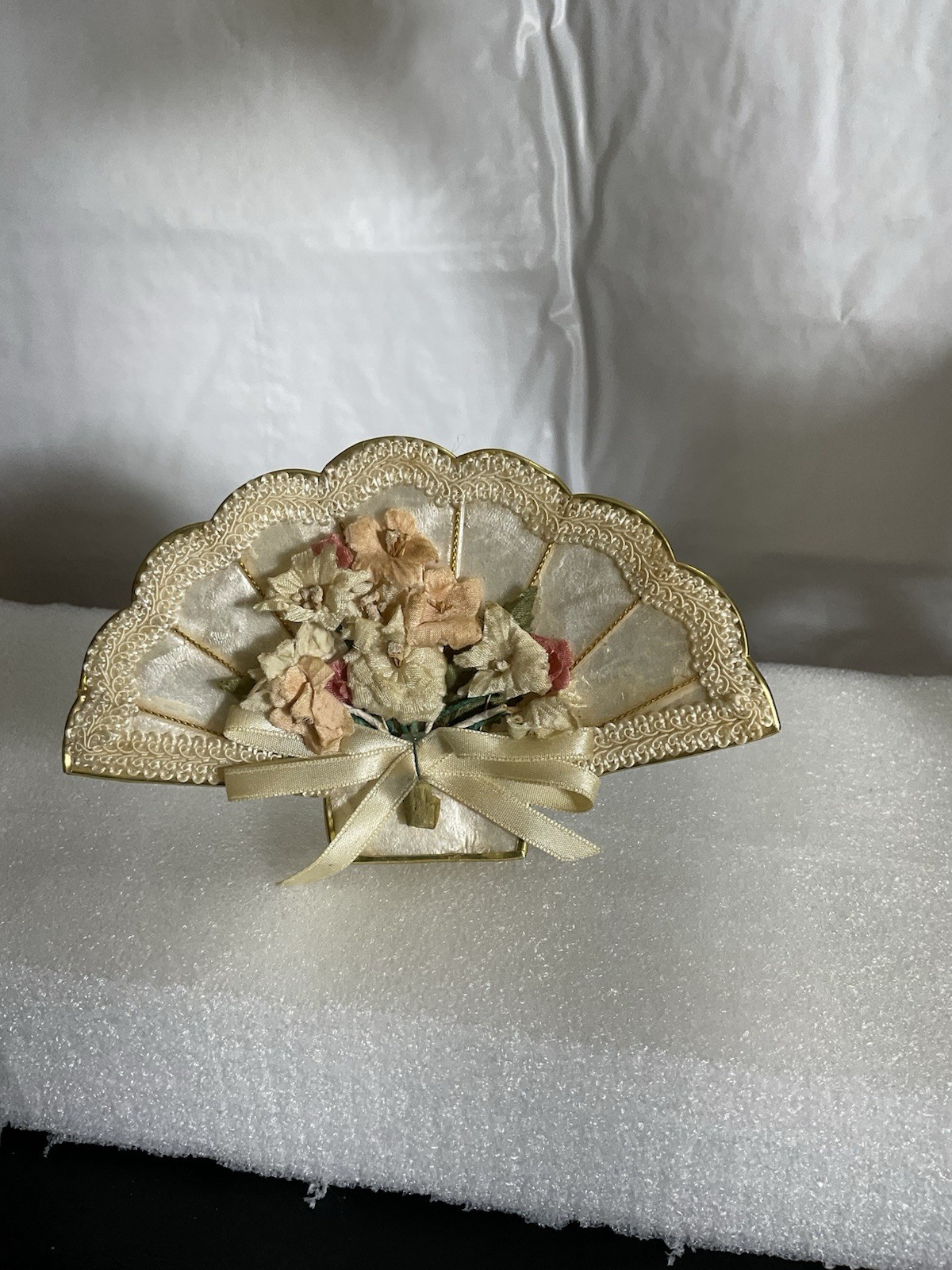 MC Coastal Capiz Shell Fan Trimmed with Gold Lace/Flowers Victorian Style Decor