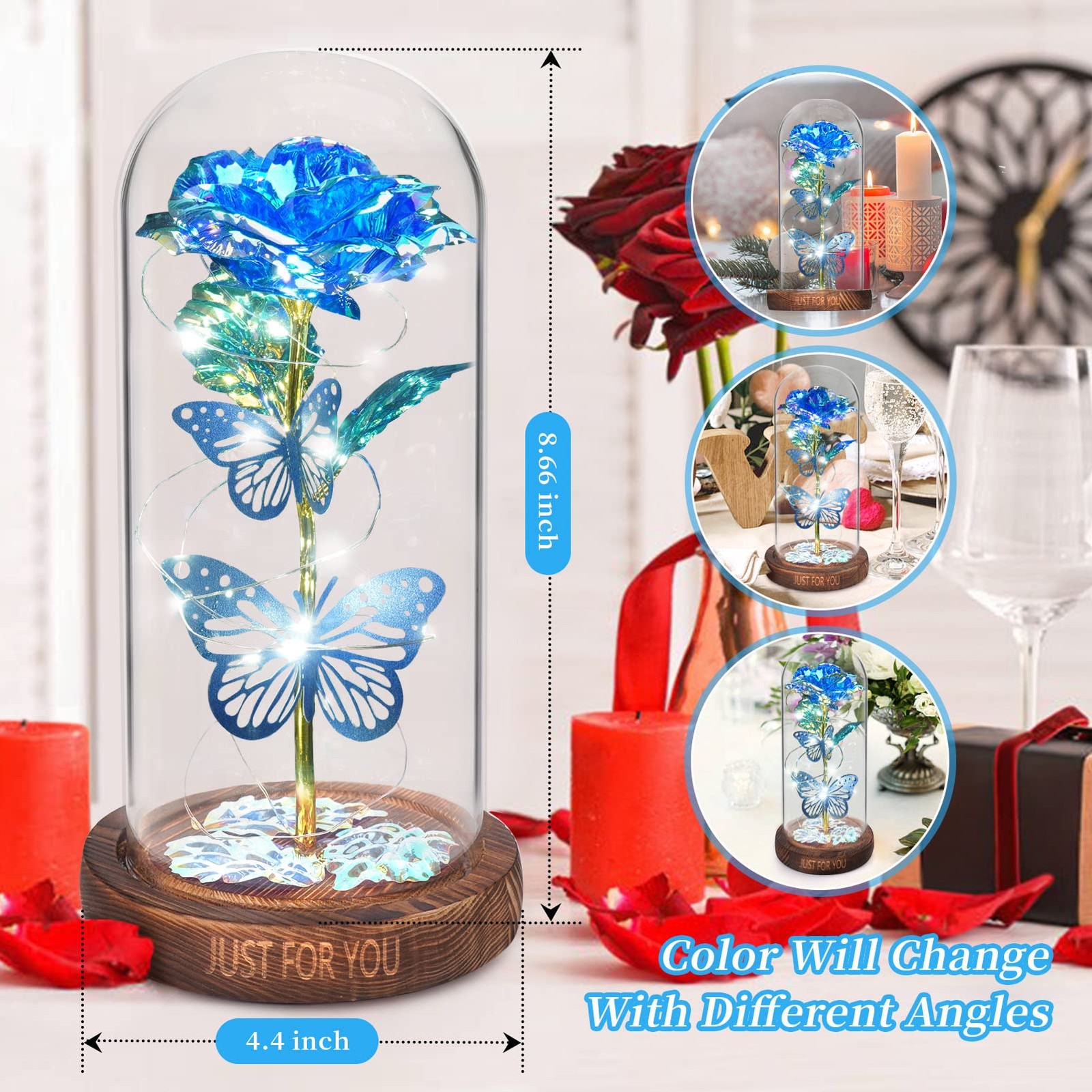 WOKEISE Light Up Rose Butterfly in Glass Dome, Mothers Small, Dome-blue