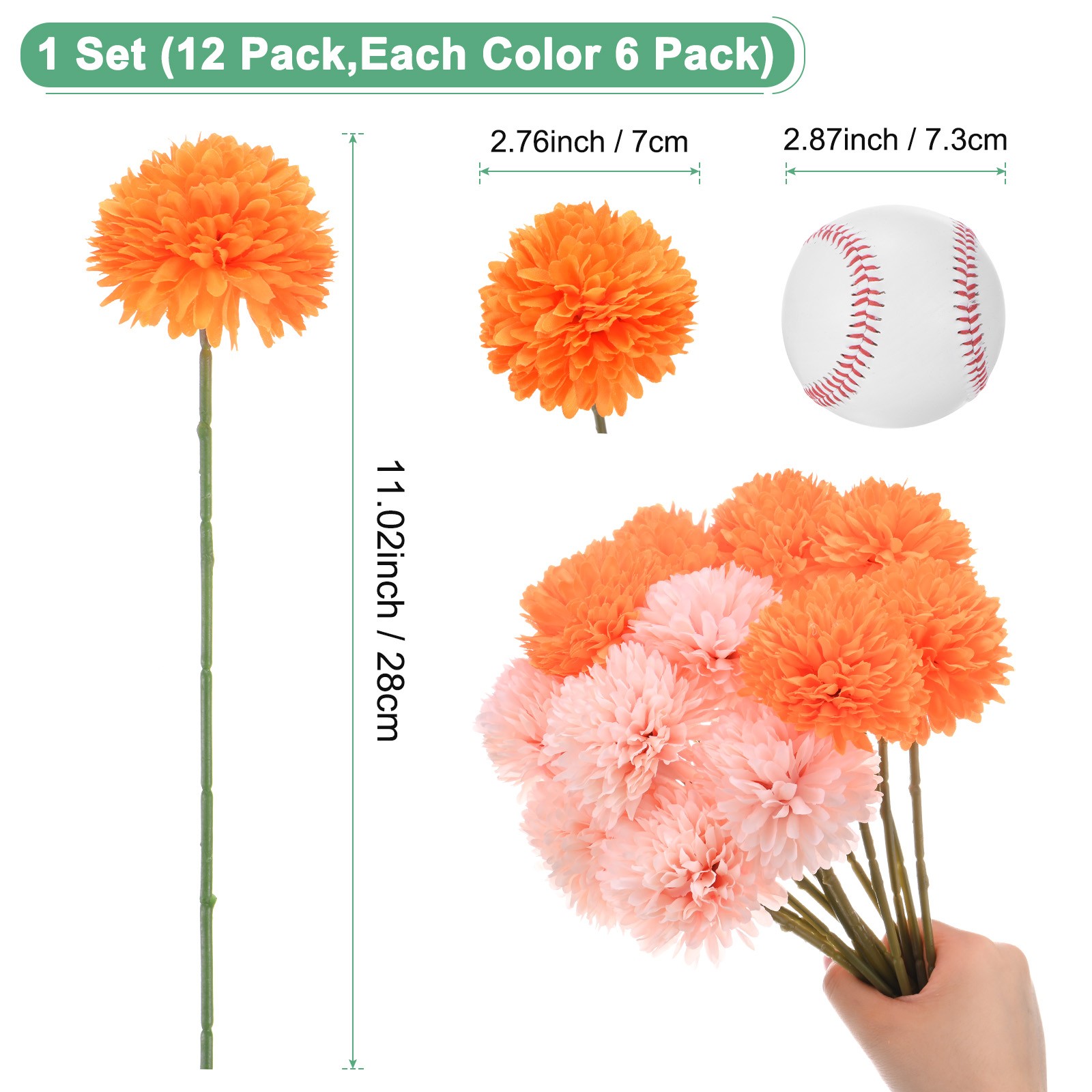 12-Pack Artificial Chrysanthemum Ball Flowers Champagne Pink,Orange