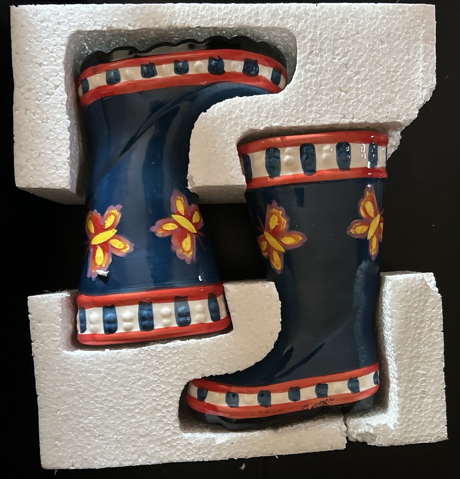 Pair Of Ceramic Butterfly Rain Boot Planter 7.5″ tall Blue,Yellow, Red, White