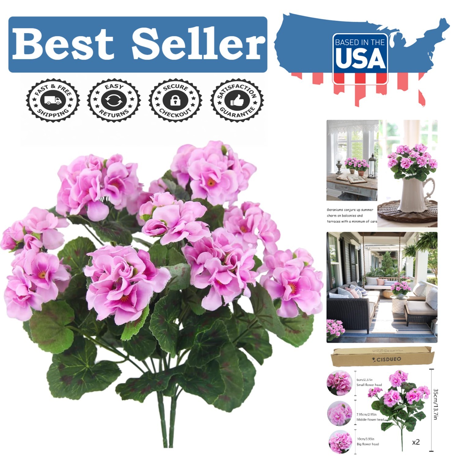 2 Pcs UV Resistant Pink Artificial Geranium Flowers for Elegant Outdoor Decor