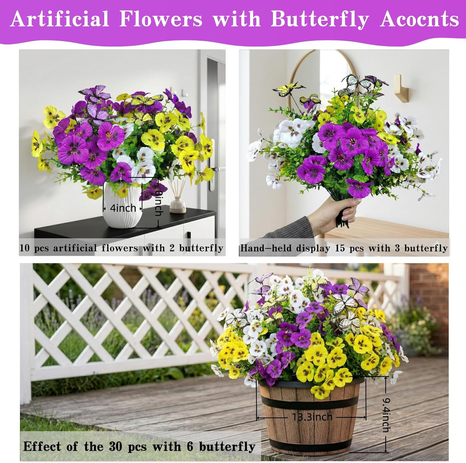 Artificial Flowers for Outdoor, 18 Bundles UV Resistant Faux Silk Pansy Flowers