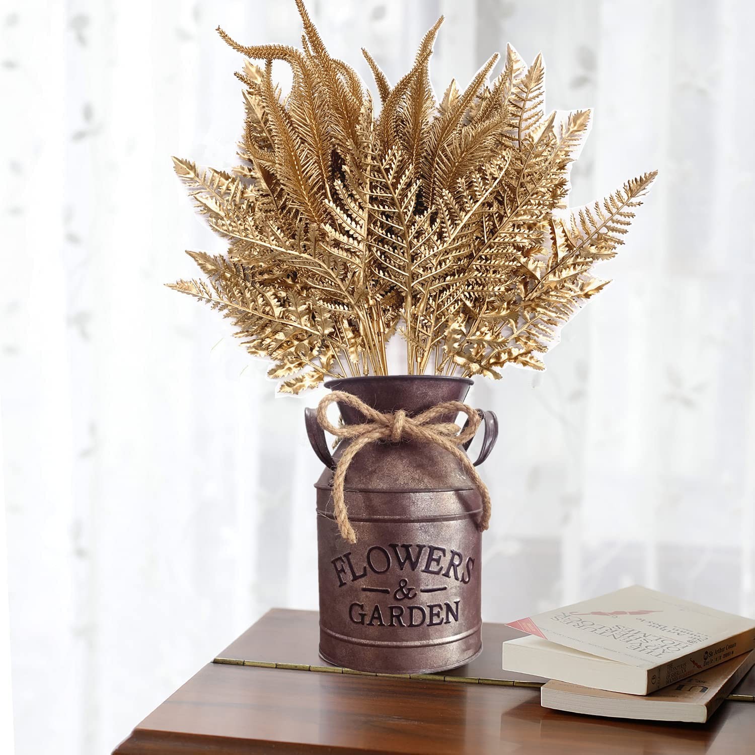Artificial Golden Flowers Decoration, Plastic Grass Faux Boston Fake Fern Gol…