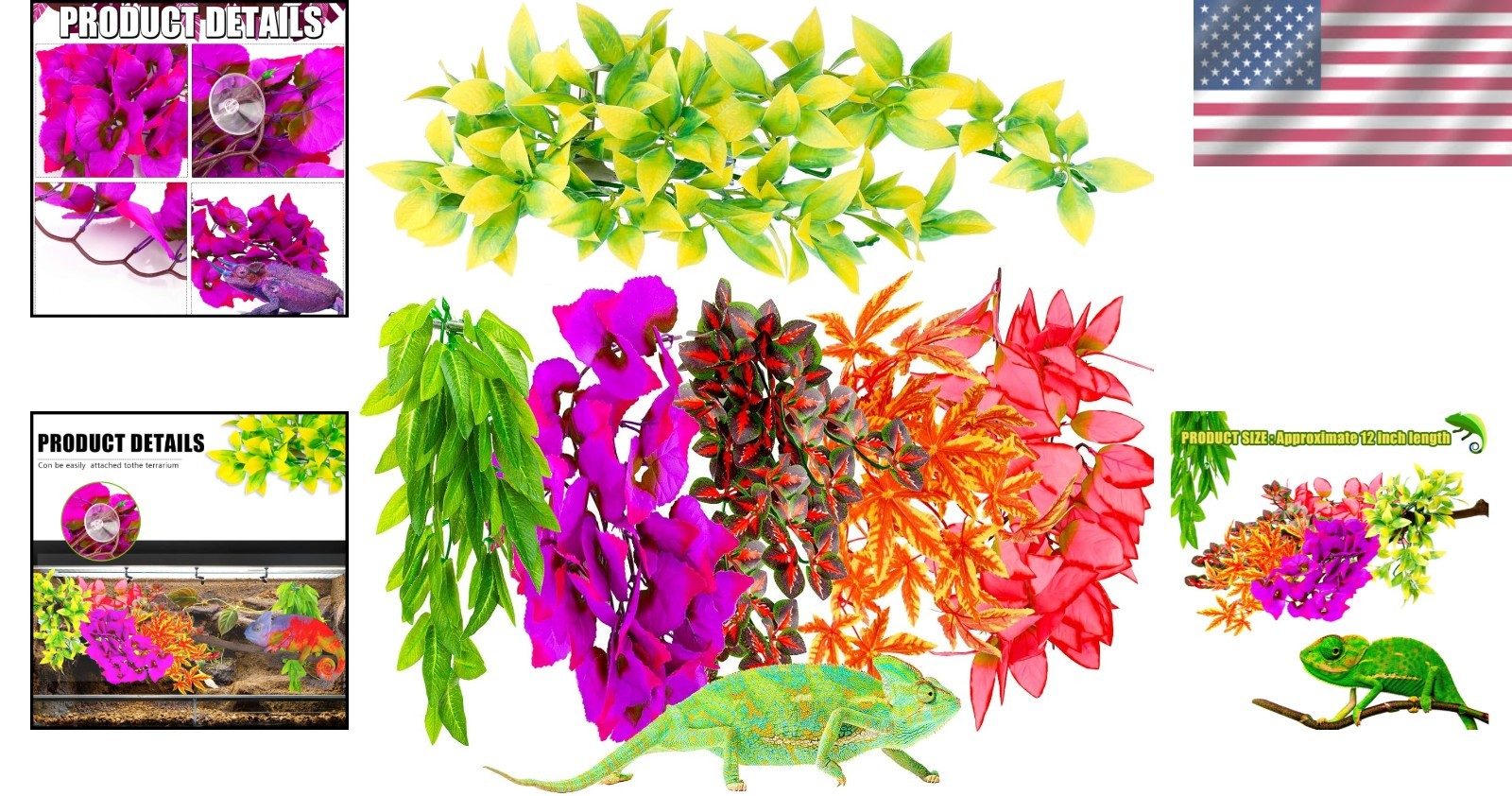 6 Pack of 12-Inch Reptile Habitat Silk Plants with Suction Cups for Easy Setup
