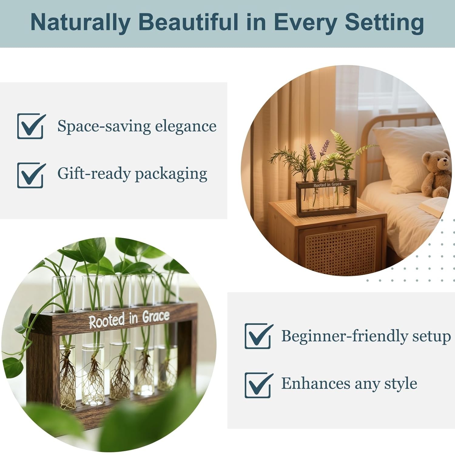 Rooted in Grace Plant Propagation Station – Wooden Stand with 5 Glass Vases, Fai