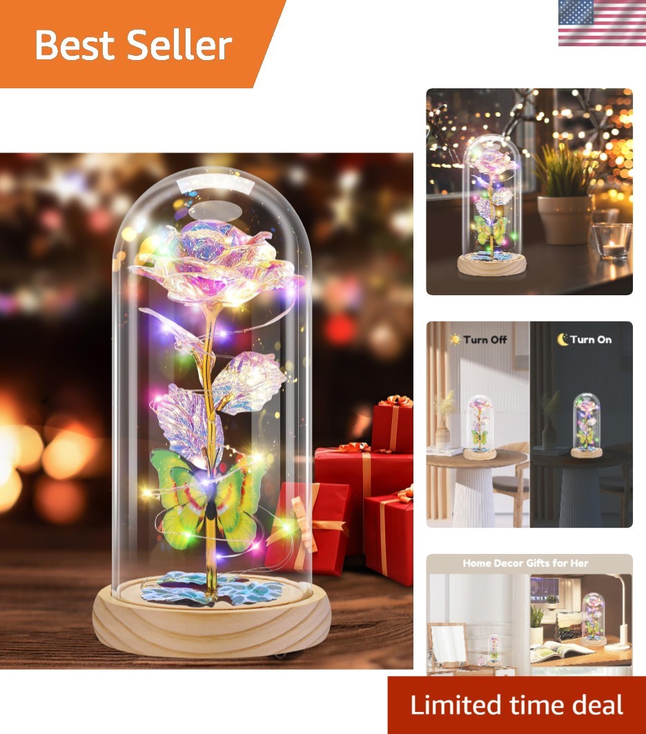 Preserved Rose Under Glass Dome with Butterfly and LED Lights – Home Decor