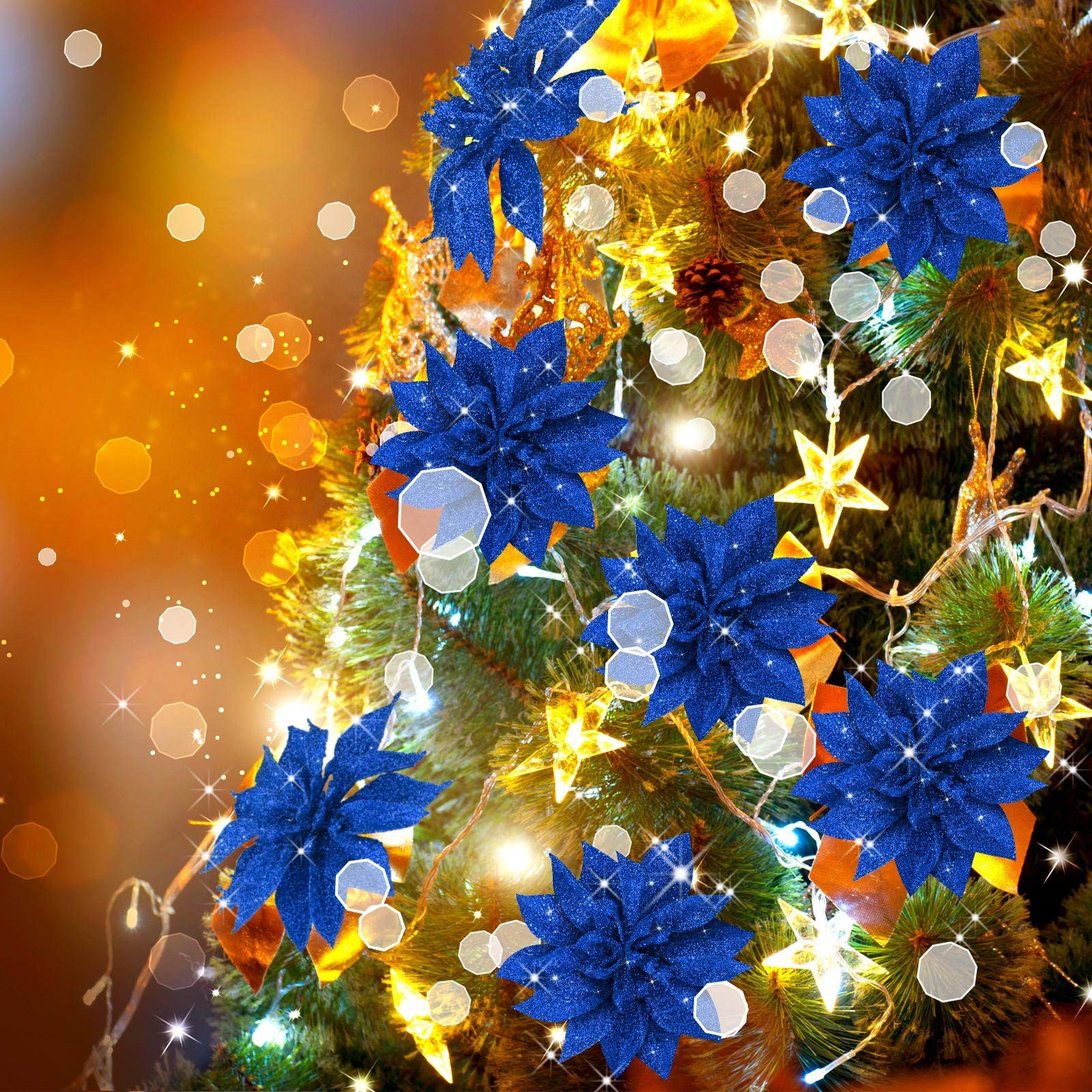 36 PCS Christmas Glitter Poinsettia Flowers Decorative Wreath 3.94 Inches Blue